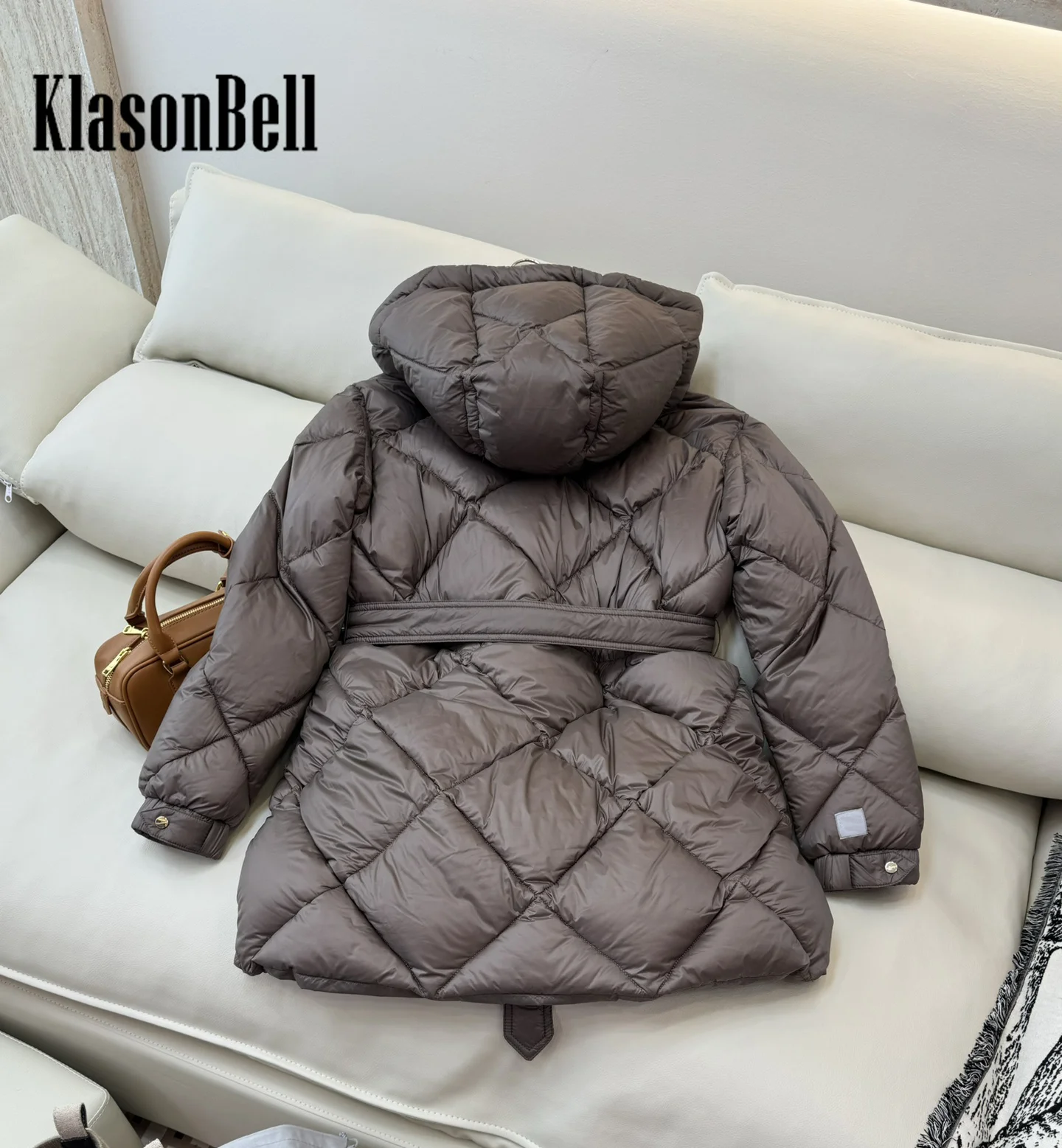 9.5 KlasonBell Women Classic Quilted Argyle Plaid Sashes Goose Down Jacket Autumn Winter Hooded Single Breasted Down Outerwear