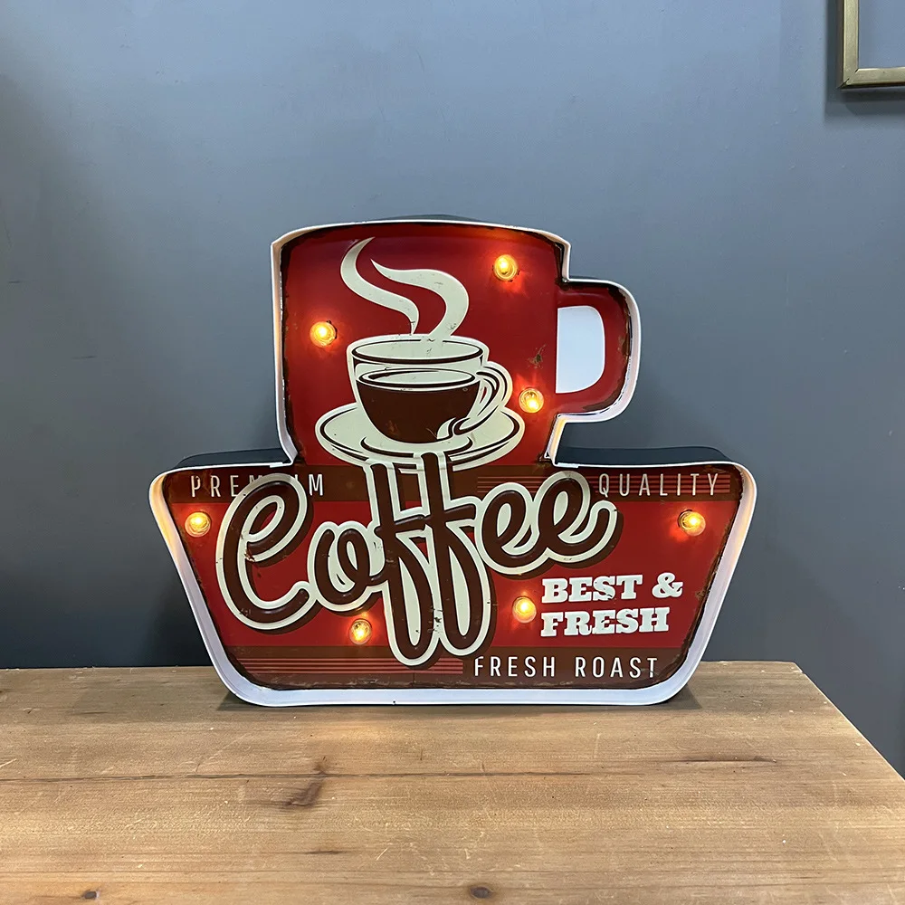 American Retro Iron Art LED Light Creative Wall Decoration Pendant Coffee Bar Coffee Shop Neon Sign Vintage Home Decor