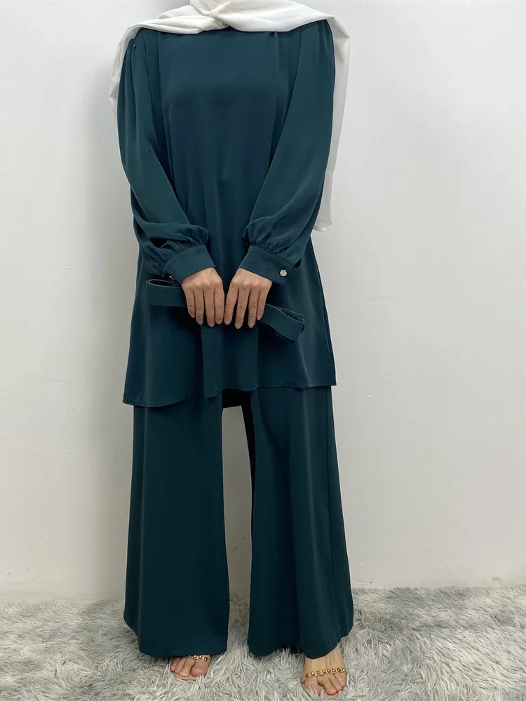 Eid Ramadan Women Muslim Suit Two Piece Sets Tracksuit Belt Islamic Musulman Ensemble Long Sleeve Blouse Wide Leg Pant Suits