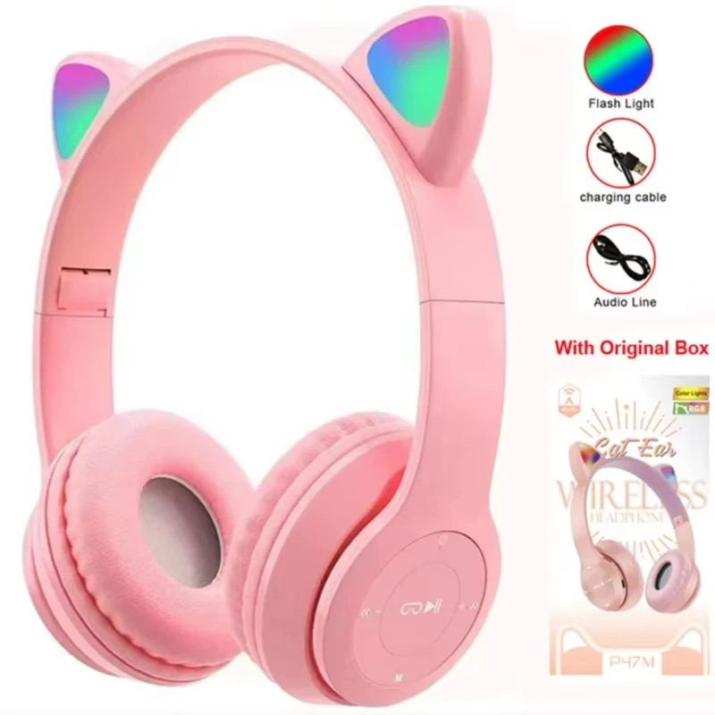 Cat Ear Headphones Flash Light Wireless with Mic Control LED Kid Girl Stereo Cute Music Helmet Bluetooth Phone Headset Earphones