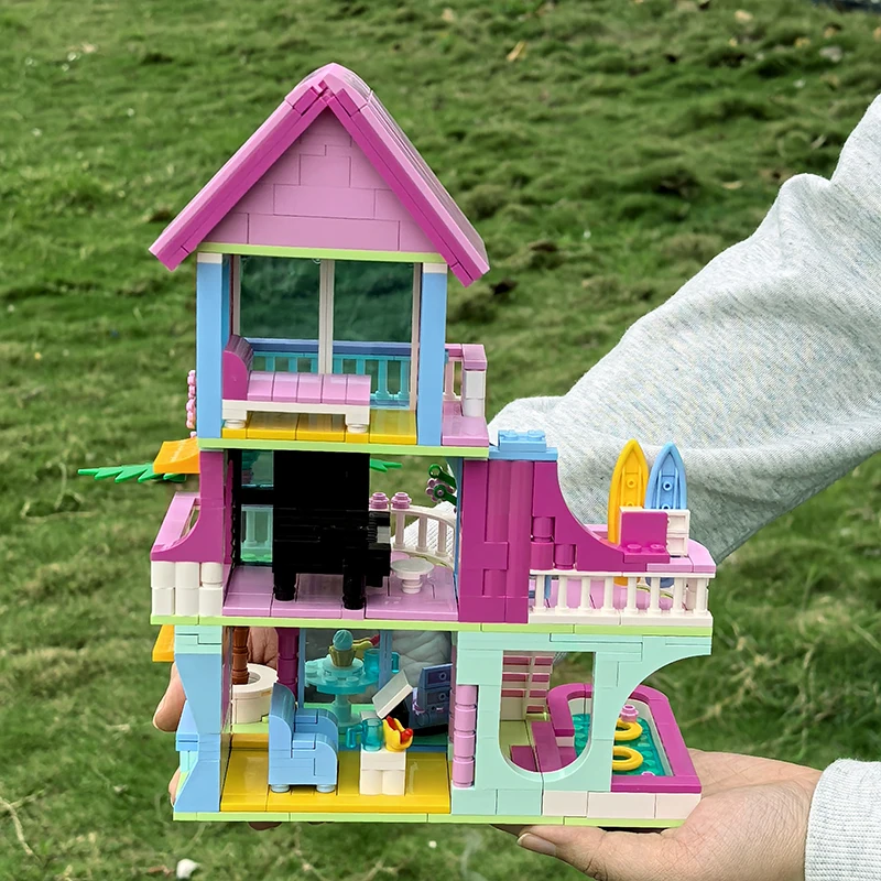Friends City House Summer Holiday Villa Castle Building Blocks Pink Apartment Swimming Pool DIY Toys Christmas Gift for Kid Girl