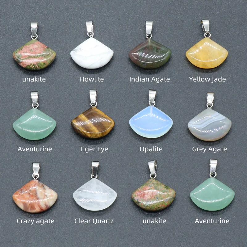 20pcs Natural Stone Pendant 22mm Fanshaped Carved Charms Polished Agates Quartz Crystal Charms Jewelry Making DIY Bead