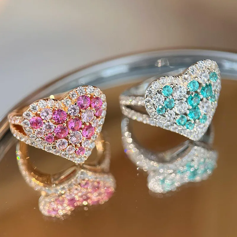 Creative Full Diamonds Two tone Paraiba Heart shaped rings for women Light Luxury Jewelry Design High End blue-green Ring Gift
