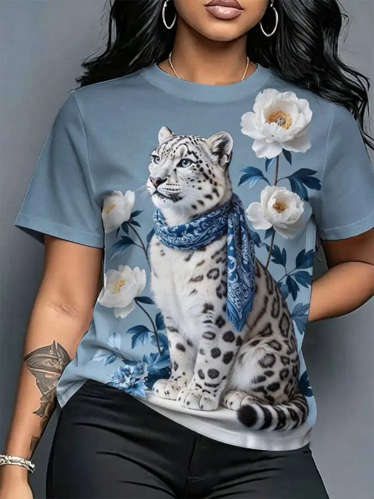 Leopard Pattern 3D Print T-Shirts Summer Women's Short Sleeve Round Neck T Shirt Harajuku Y2K Casual Tees Tops Female Clothing