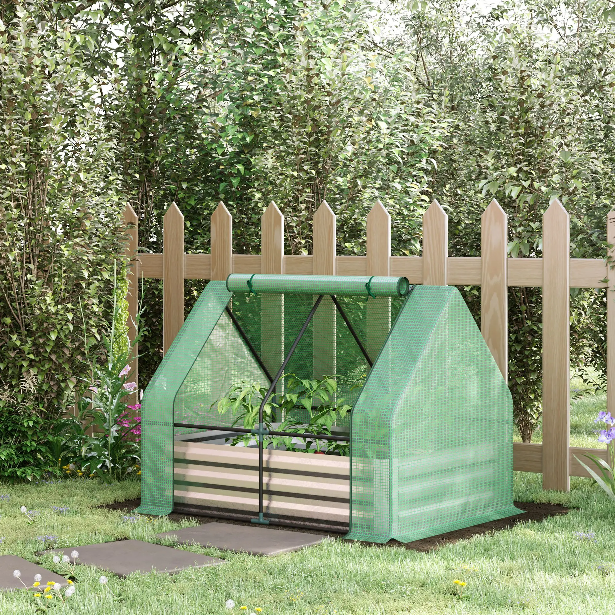 Outsunny Galvanized Raised Garden Bed with Mini Greenhouse Cover, Outdoor Metal Planter Box with 2 Roll-Up Windows for Growing Flowers, Fruits, Vegetables, and Herbs, 50