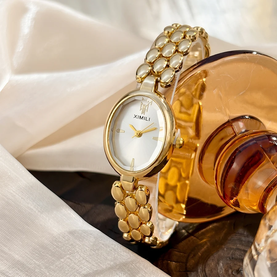 Luxury Oval Domed Glass Dial Small Gold Grain Strap Analog Ladies Wrist Watch