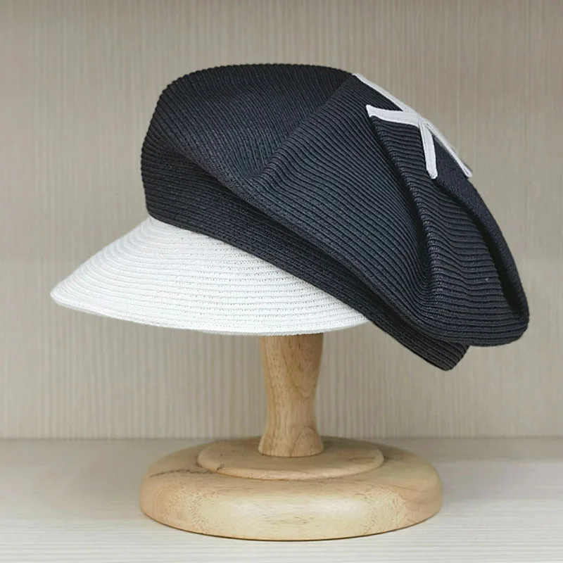 New Bow Summer Hat Beach Sun Cap Two Tones Patchwork Straw Cap Wide Brim Visor Newsboy Hat Vacation Beach Hat Foldable Lady Girl