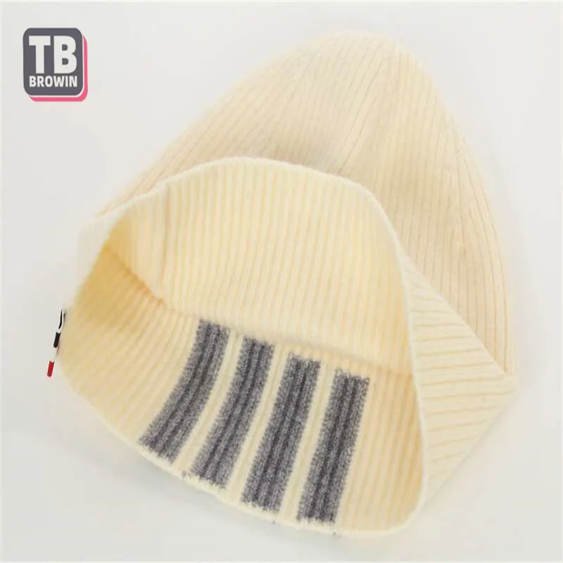 TB BROWIN Men\'s Brand Knitted Hat Four bars Stripe Winter Casual Hip Hop Luxury Women beanie Wool Cashmere Elastic Hats Unisex