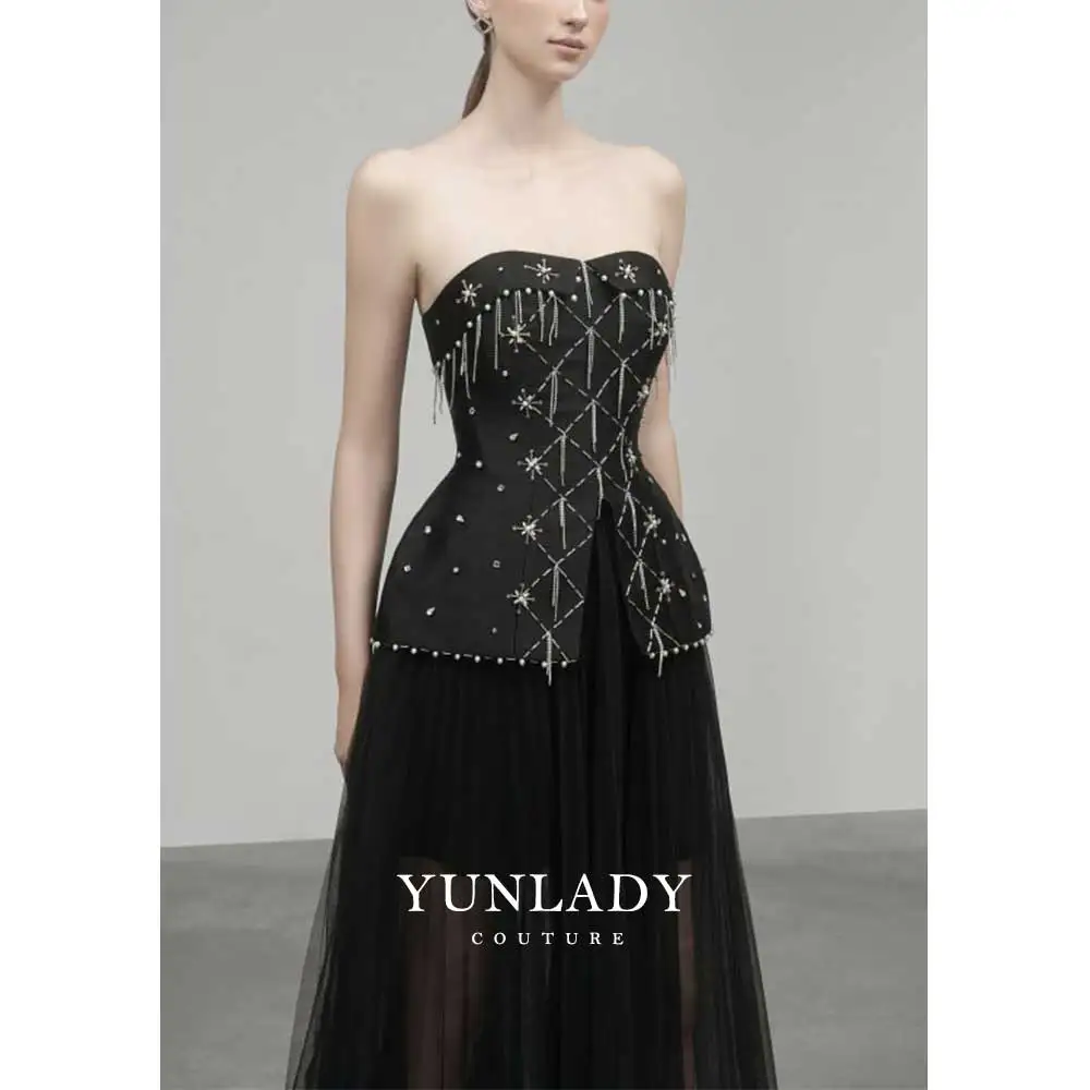 YUNLAN Luxurious Black Satin Strapless Evening Dress 2024 Dubai Wedding Guest Sleeveless Midi Skirt Home Reunion Party Dress