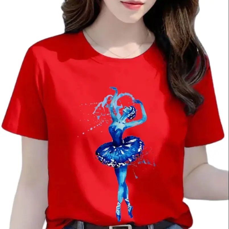 Fashion Watercolor Ballet T-shirt Design Sense Women Dance Dress Half Sleeve Tops Oversized T Shirt Vintage Clothes Harajuku