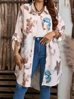 Camisa de talla grande con botones y manga larga para mujer, estampado de acuarela floral pastel, ropa informal bohemia y de playa