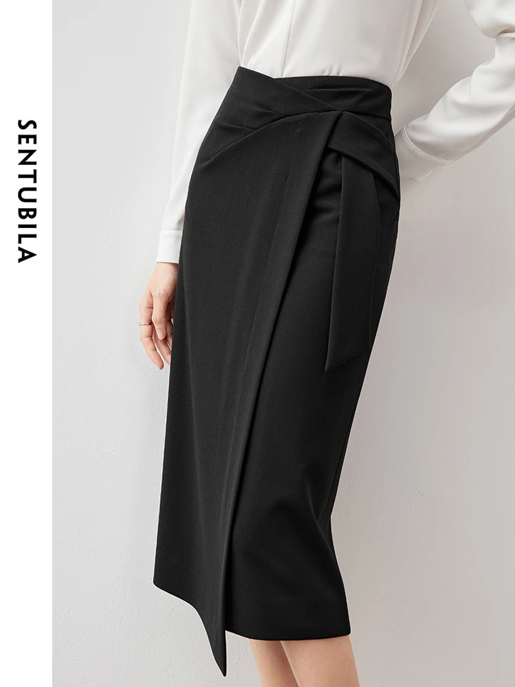 SENTUBILA Women Black Irregular Split Knit Skirt Officel Lady 2024 Autumn High Waist Slit Midi Skirt Female Clothing 143Q56643