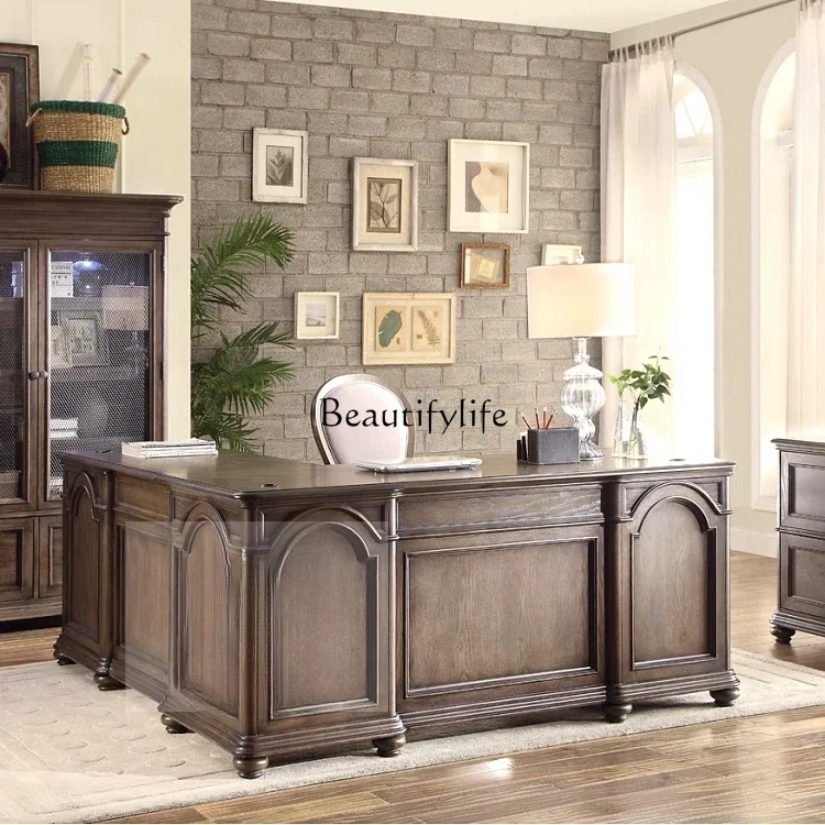 jj * Scrivania angolare in rovere vecchio studio retrò europeo, legno massello americano