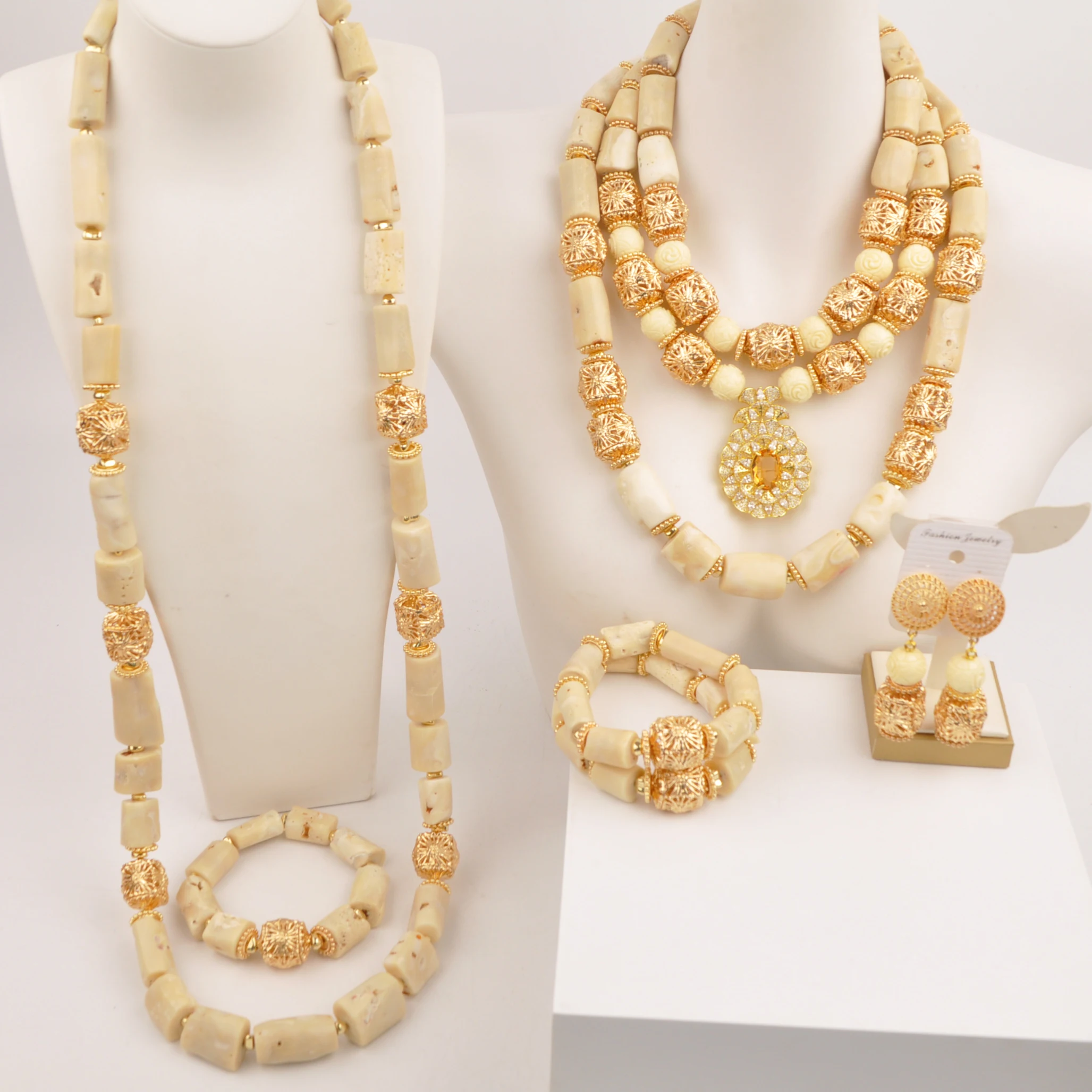 

White Natural Coral Bead Necklace African Wedding Couple Jewelry Set