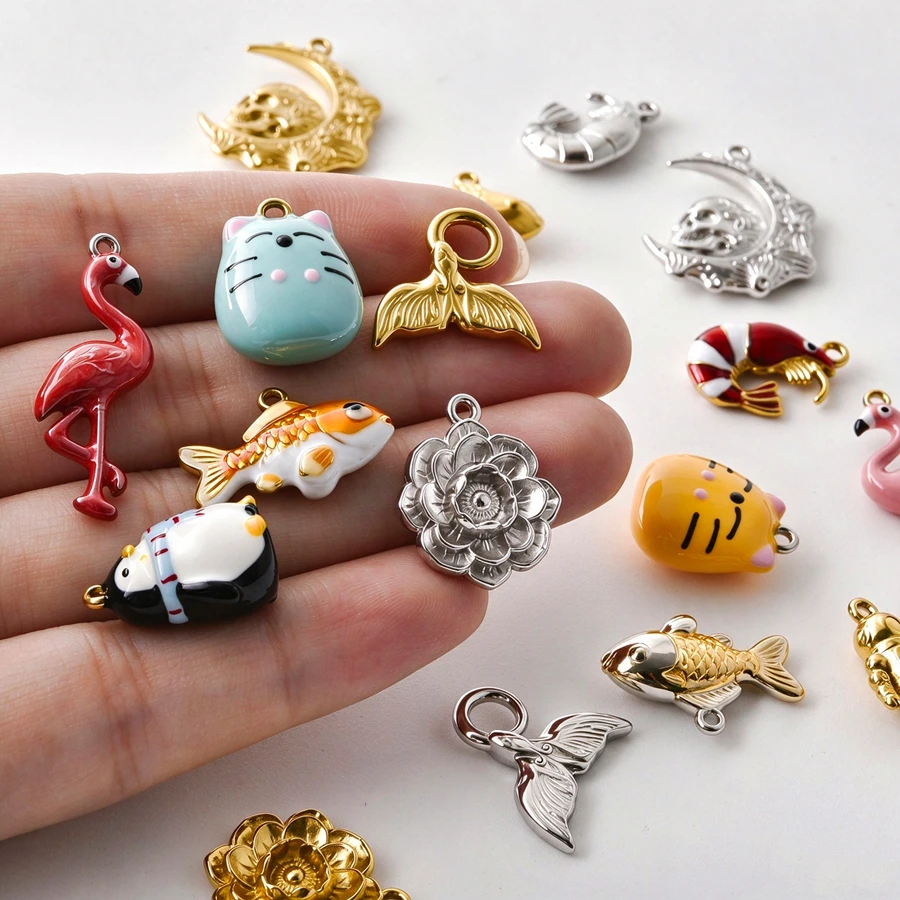 8Pcs Animal Charms Stainless Steel Pendant Shrimp Tail Flower Totoro Penguin Carp Accessories Jewelry Making For DIY Necklace