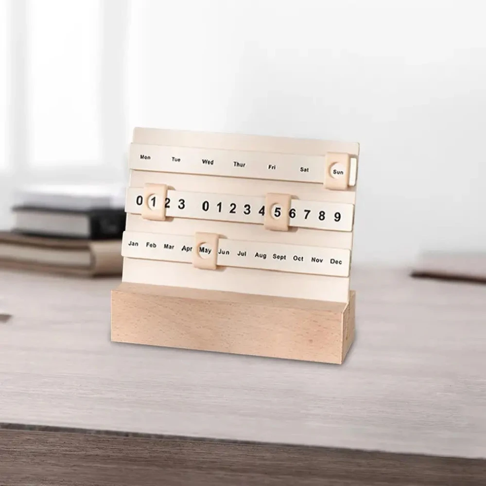 DIY Moving Wooden Block Calendar Desktop Ornaments Slider Perpetual Calendar for Office Coffee Shops Desk Desktop Restaurants