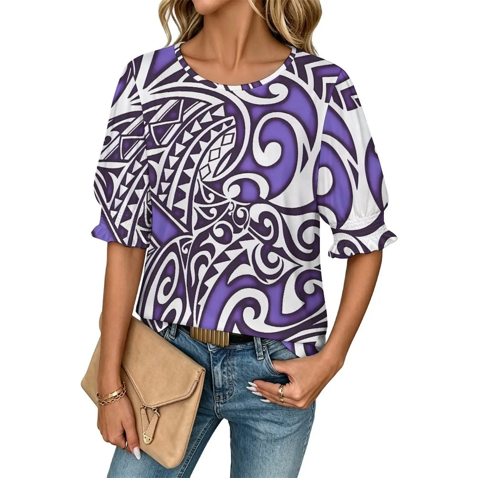 Newly designed Polynesian island patterned women's short-sleeved shirt with high-definition design, a casual shirt