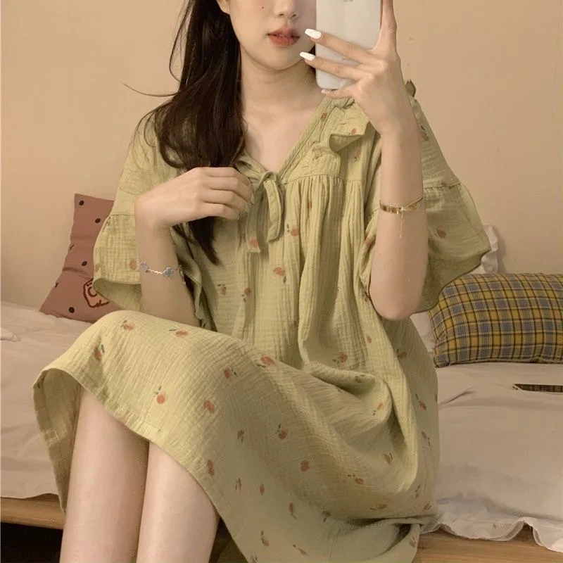 

Sweet Korean Style Pajamas Dress Green Peach Printed Summer Sleepwear Nightdress Short Sleeve V Neck Cute Homewear Nightgown