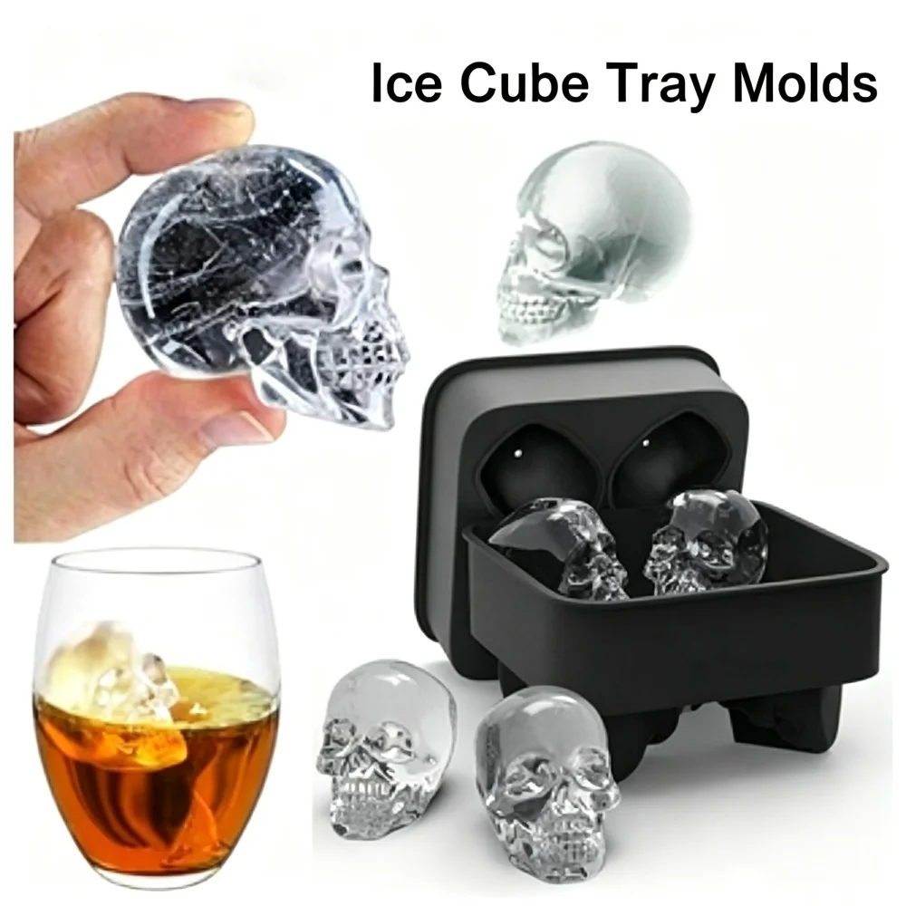 3D Skull Silicone Ice Cube Mold, Reusable Easy Release Ice Tray Maker for Whiskey Cocktail Bar Halloween Party Supplies