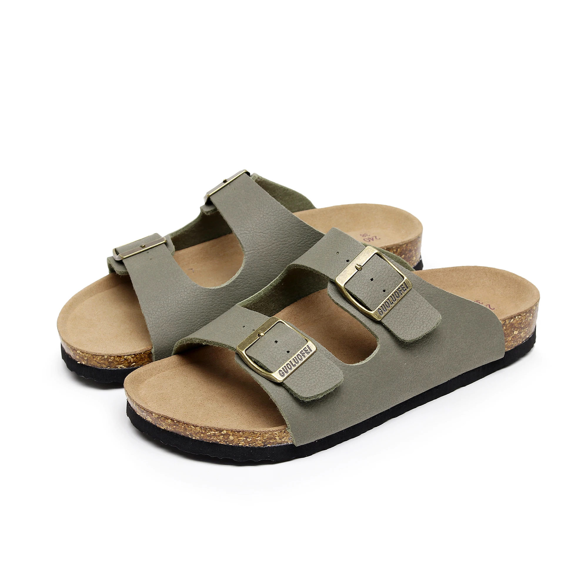 Green Cork Footbed Slide Sheepskin Leather Flat Sandals Arch Support Slippers on Summer Open Toe Outdoor Slippers