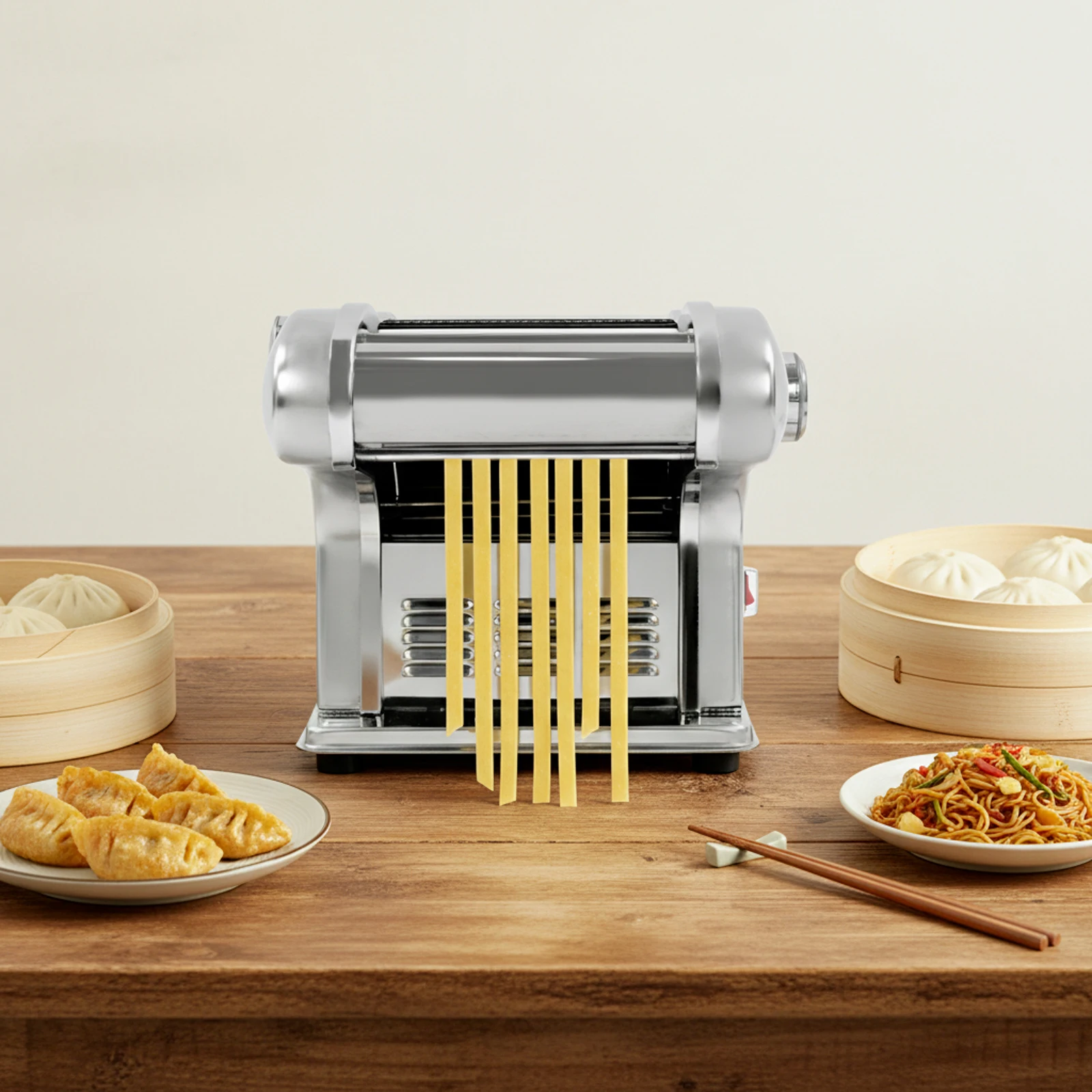 Electric Pasta Machine Stainless Steel Noodle Maker with 3 Blades 8-Level Thickness Adjustable 0.5-4mm Dough Presser 135W US Plug for Homemade Lasagna Spaghetti Dumpling Wrappers Kitchen Appliance view 4