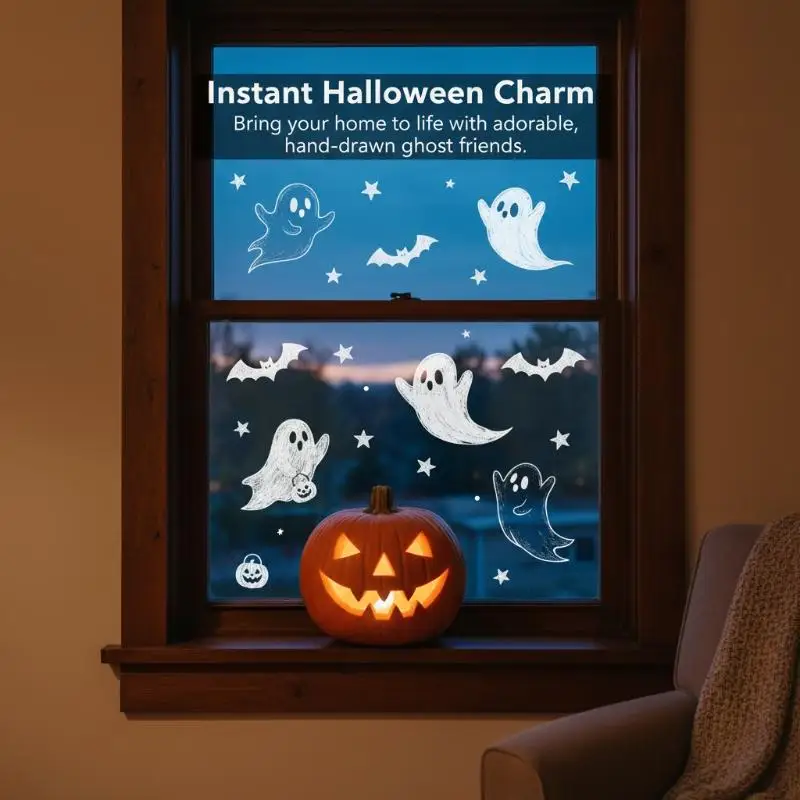 Halloween Window Clings Cute Ghost Bat Spider Patterns Dual Side Same Color For Home Shop Halloween Party Decor