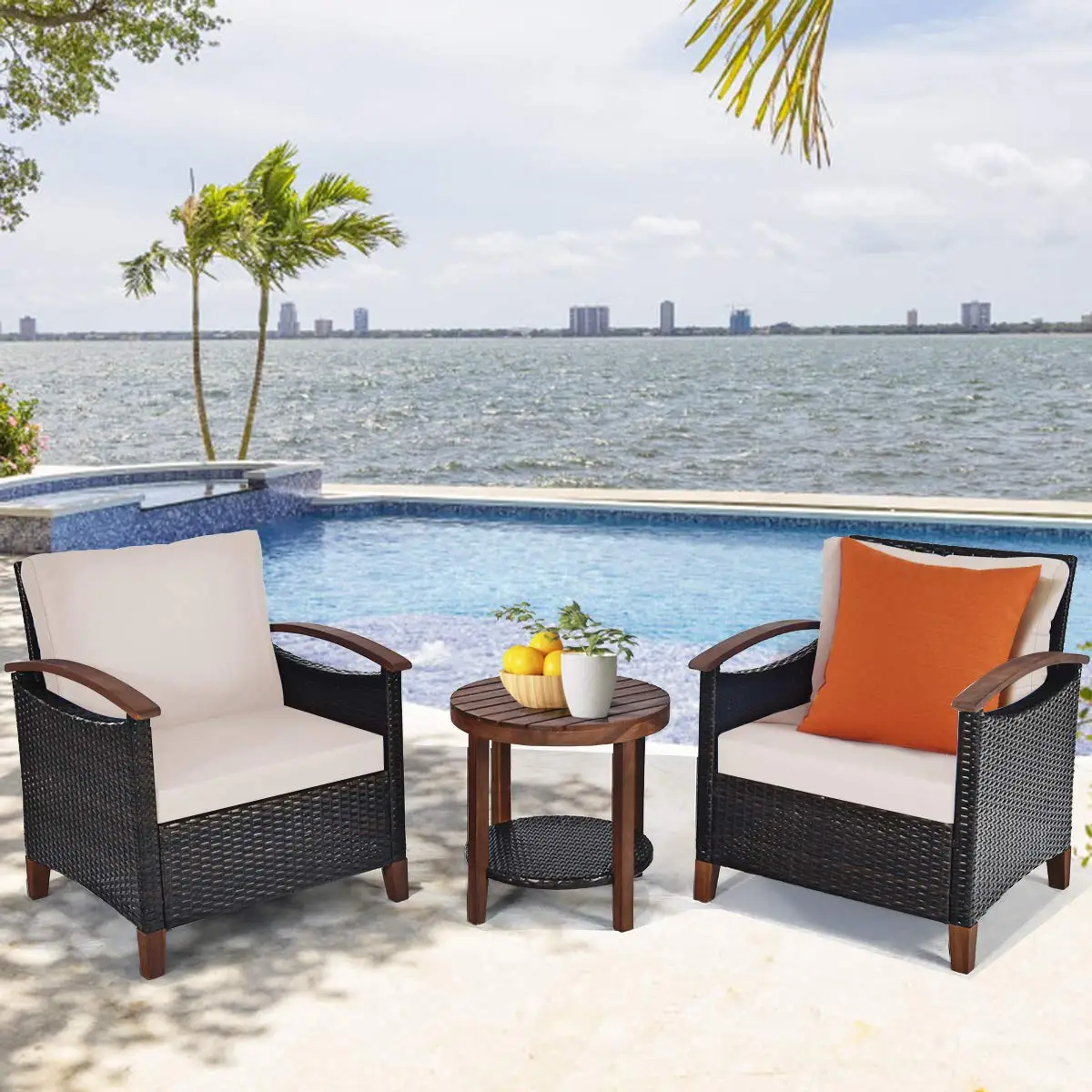 Outdoor Rattan Sofa Set 3-Piece Wood Frame, High Load Patio Conversation Set w/Washable Removable Cushions, Customized