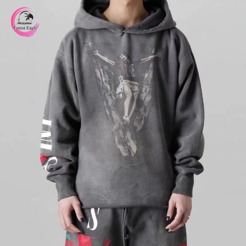 Streetwear SAINT Mens Womens High-quality Letters Characters Prints Volume Destruction Washed Casual Hoodie