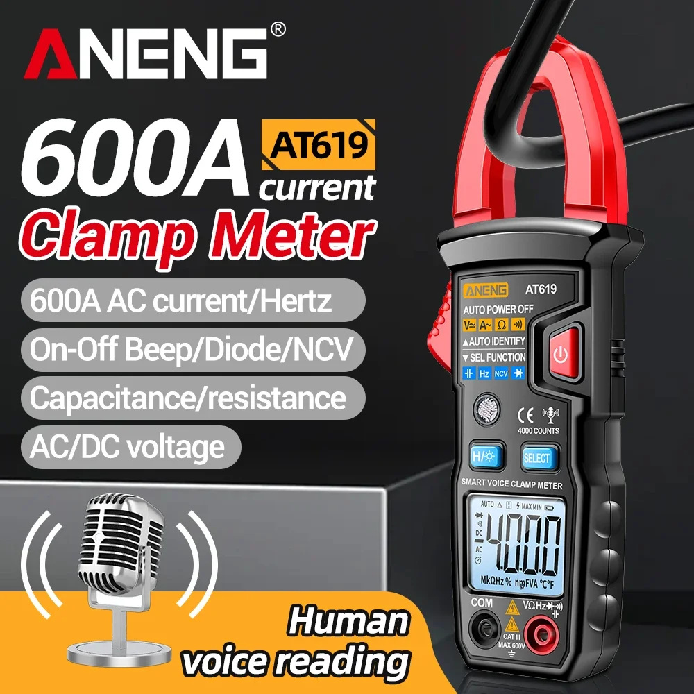 

ANENG AT619 Digital Clamp Multimeter 4000 Counts 600A AC/DC Current Voltage Tester Voice Broadcast NCV Detection for Electrician