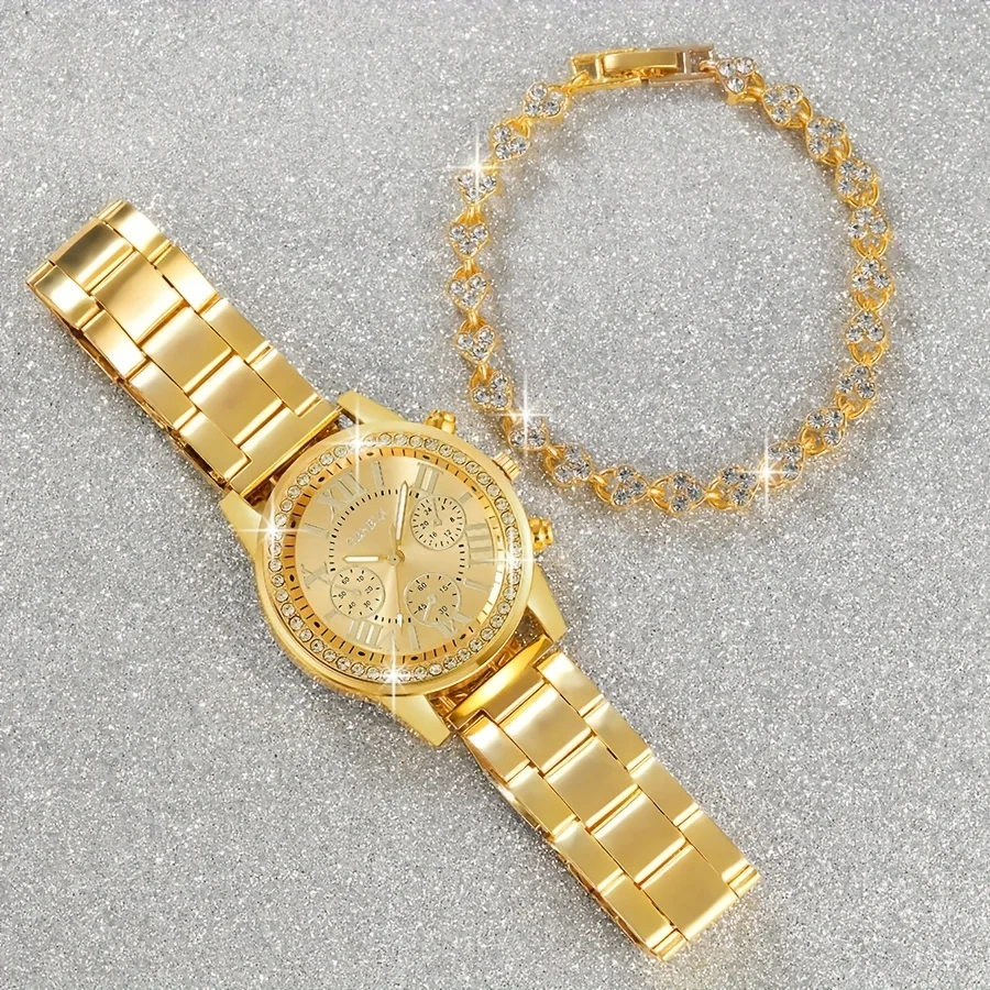 2 unids/set de reloj de cuarzo con diamantes de imitación de lujo para mujer, reloj de pulsera y pulsera dorados de acero inoxidable a la moda, regalo para mamá y ella