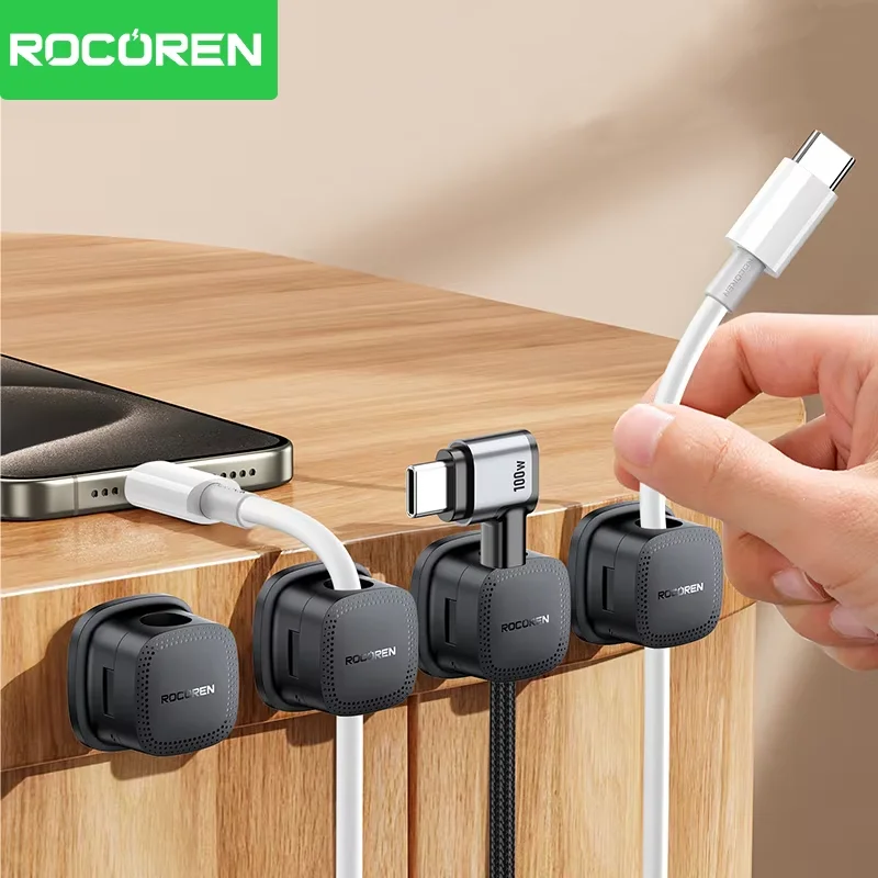 Rocoren منظم الكابلات المغناطيسية حامل كابل سلس قابل للتعديل تحت المكتب 6 قطعة إدارة الكابلات المستقرة سلك حارس كابل كليب