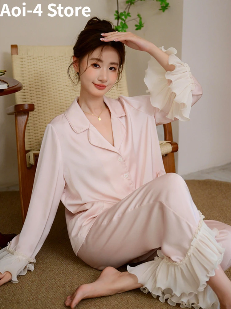 

Plus Size Loose Ice Silk Pajamas Suit Women's Spring Autumn 2024 New Fashion Pink Ruffled Sweet Outer Wear Home Clothes