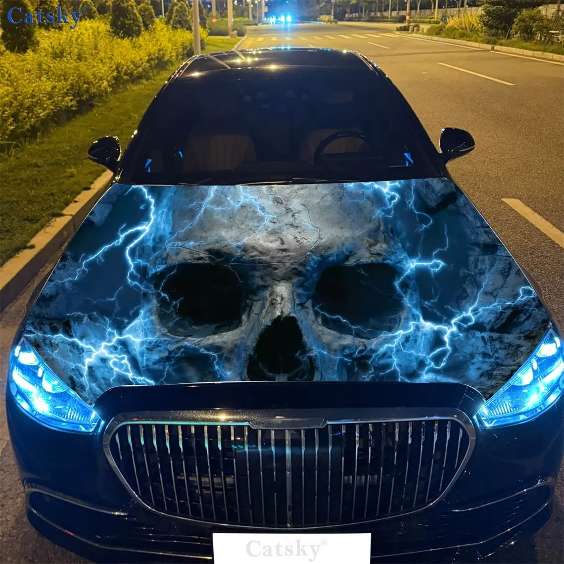 

Blue Lightning Skull Car Hood Sticker, PVC Waterproof Self-Adhesive Car Hood Sticker, Car Hood Decoration Protection Sticker, Au