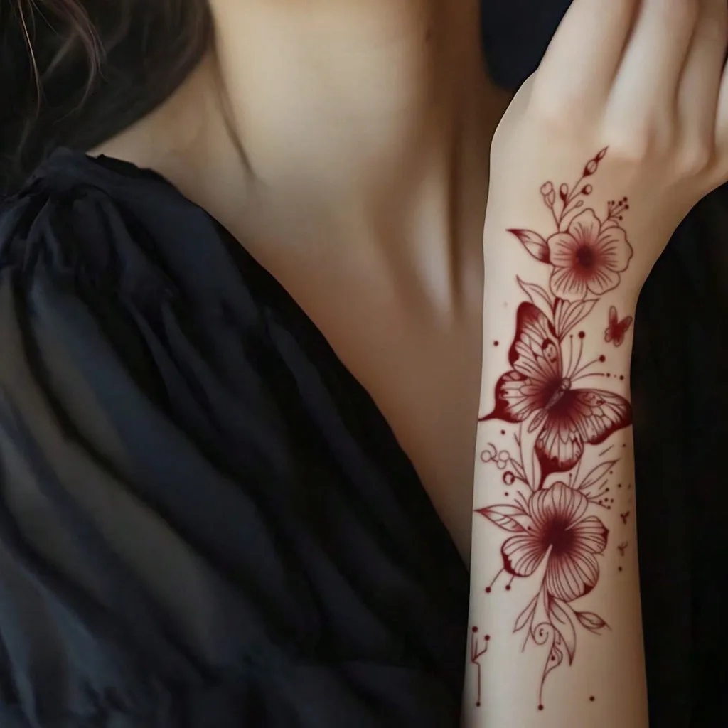 1 Pc Washable Temporary Tattoo, Vivid Red Ink Flower Minimalist Design, Suitable For Daily Use
