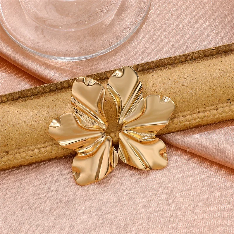Liquid Irregular Leaves Exaggerated Golden Flowers Drop Earrings for Women Simple Temperament Smooth Petals  Jewelry Girl Gift