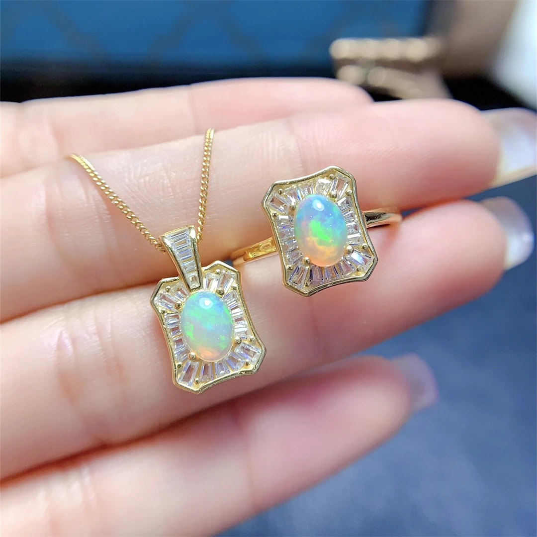 

FS 5*7mm Natural Opal Fine Jewelry Set S925 Sterling Silver Ring Pendant 2-Piece for Women Weddings MeiBaPJ With Certificate