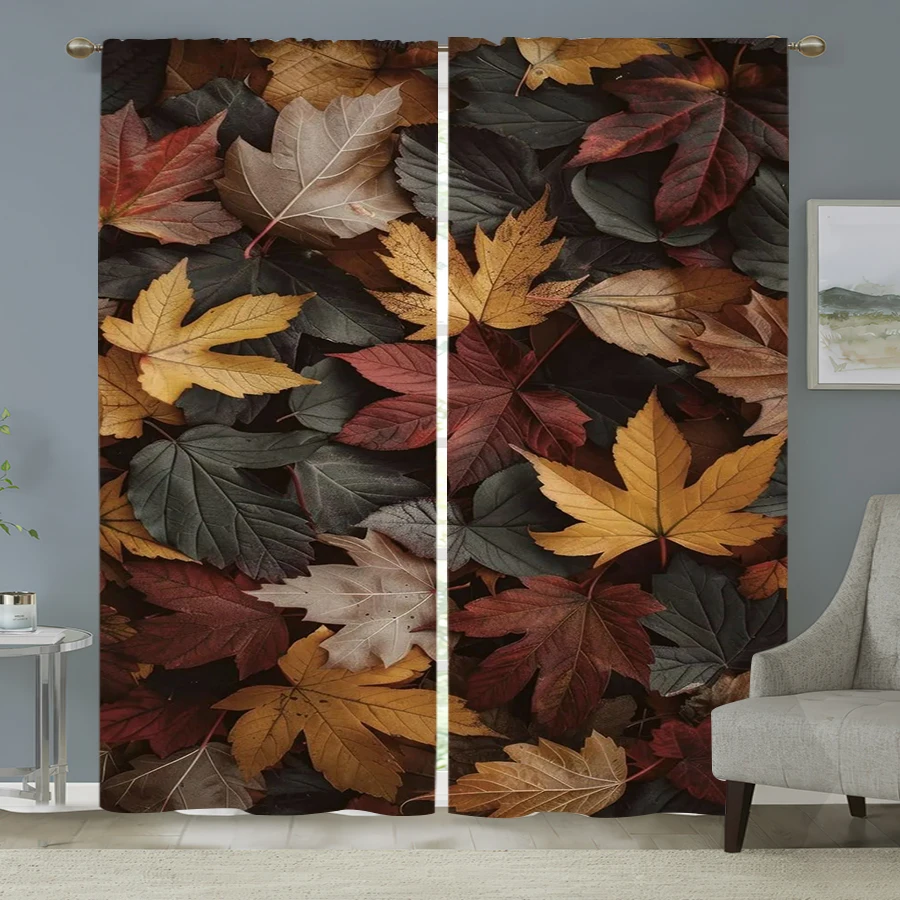 2PCS Digital Print Curtain, Dense Maple Leaves Dark Background, Rich Autumn Fall Foliage Style for Living Room Bedroom Decor