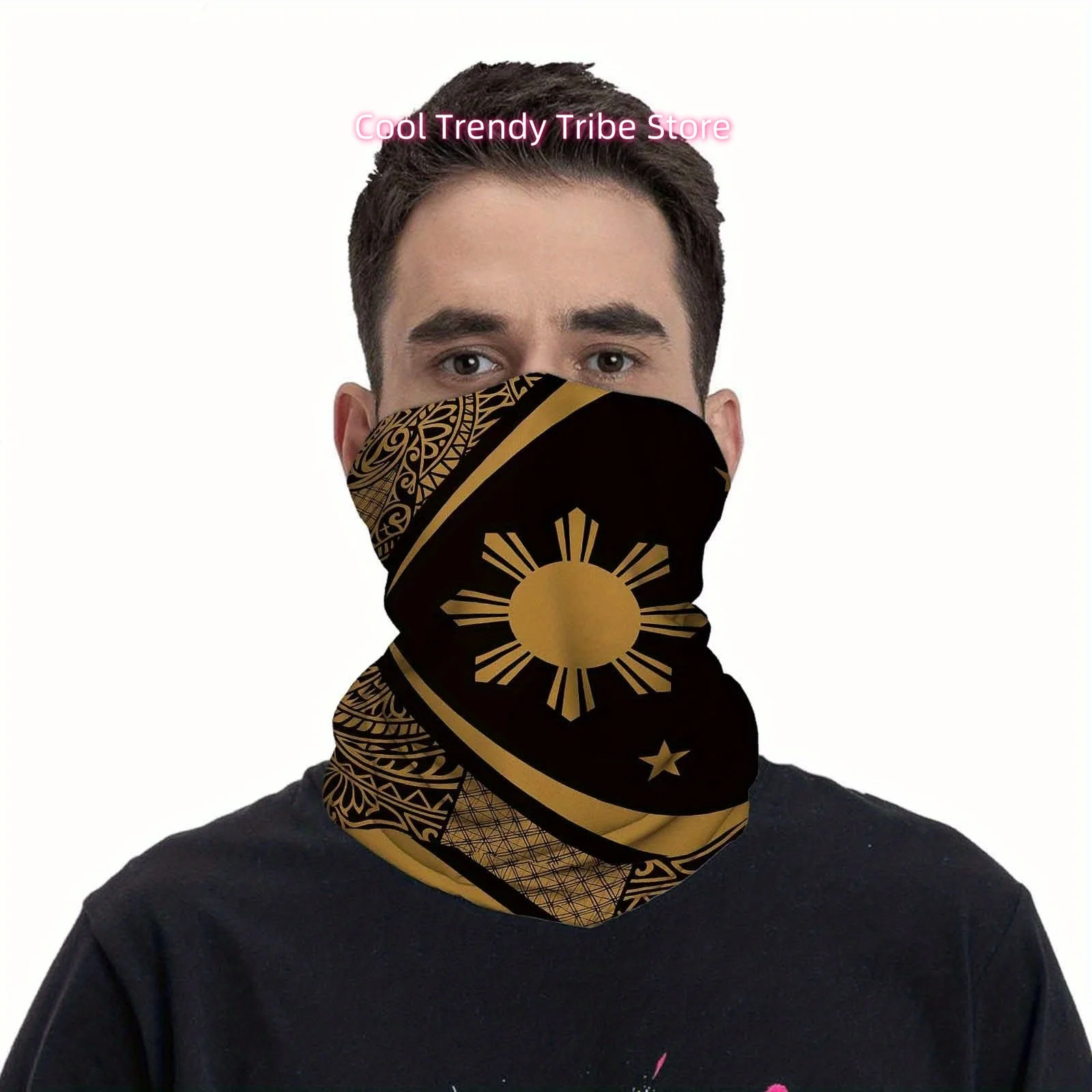 Golden Philippine Sun, Stars, Abstract Design Fun Design Multi Functional Print Scarf Men Women Unsix Mask Neck Mask Holiday Eve view 3