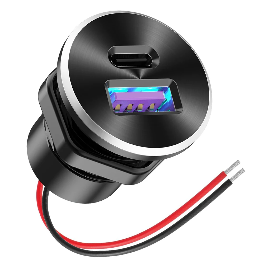 Mini 12V USB Outlet Aluminum Car Charger with PD 30W & QC3.0 18W Ports Flush-Mounted Charger Socket for Car Boat RV Truck Bus