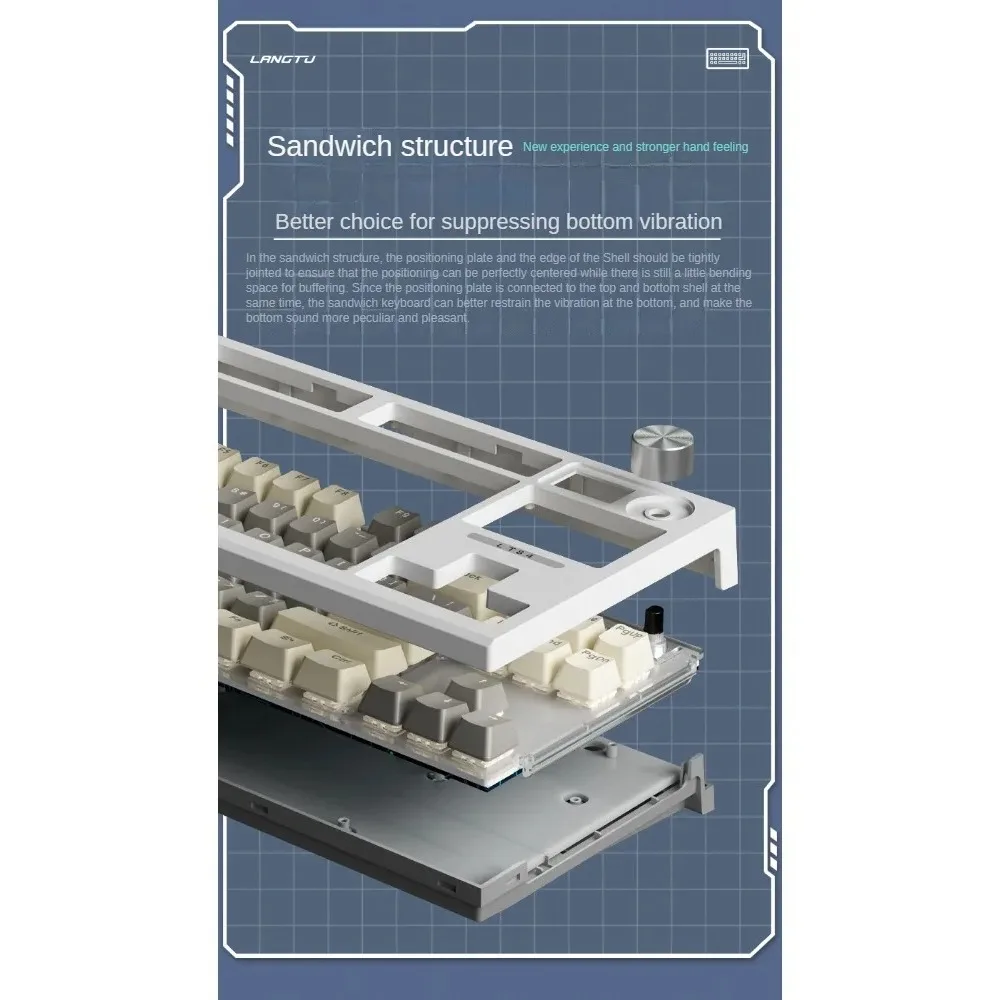 LANGTU LT84 트라이 모드 2.4G 무선 블루투스 기계식 키보드, 사용자 정의 유선 샤프트 게이밍 84 키 80% 레이아웃, 핫 스왑 가능