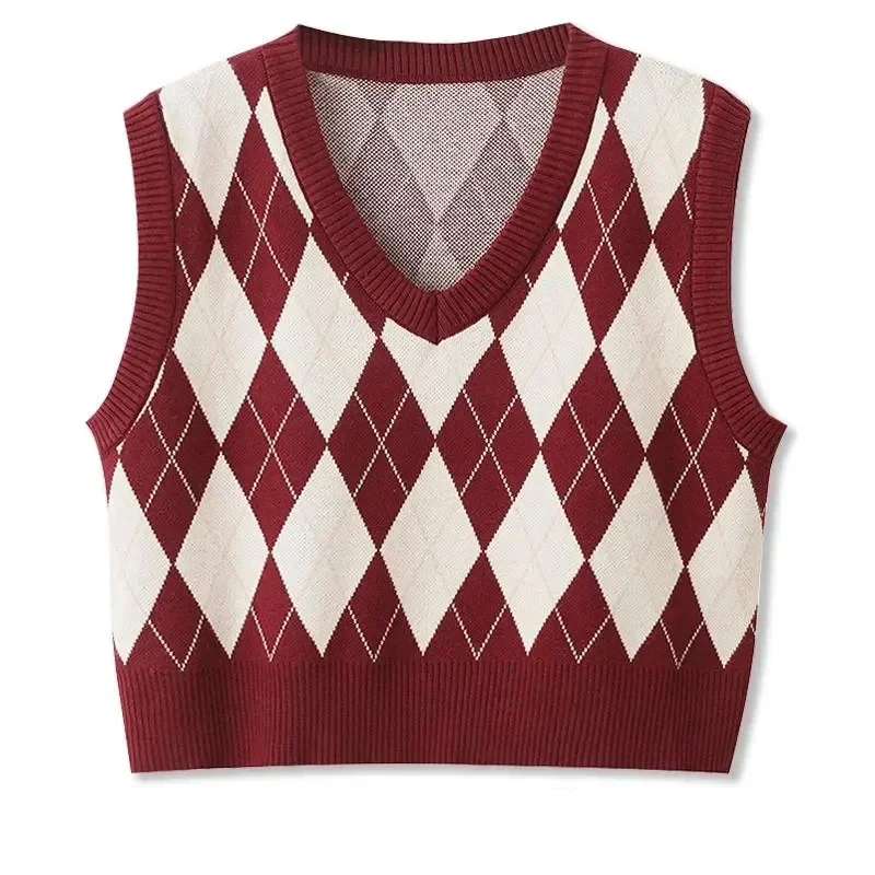 

Plaid Casual Fashion Sweater Vest Women's V-neck Knitted Sleeveless Pullover