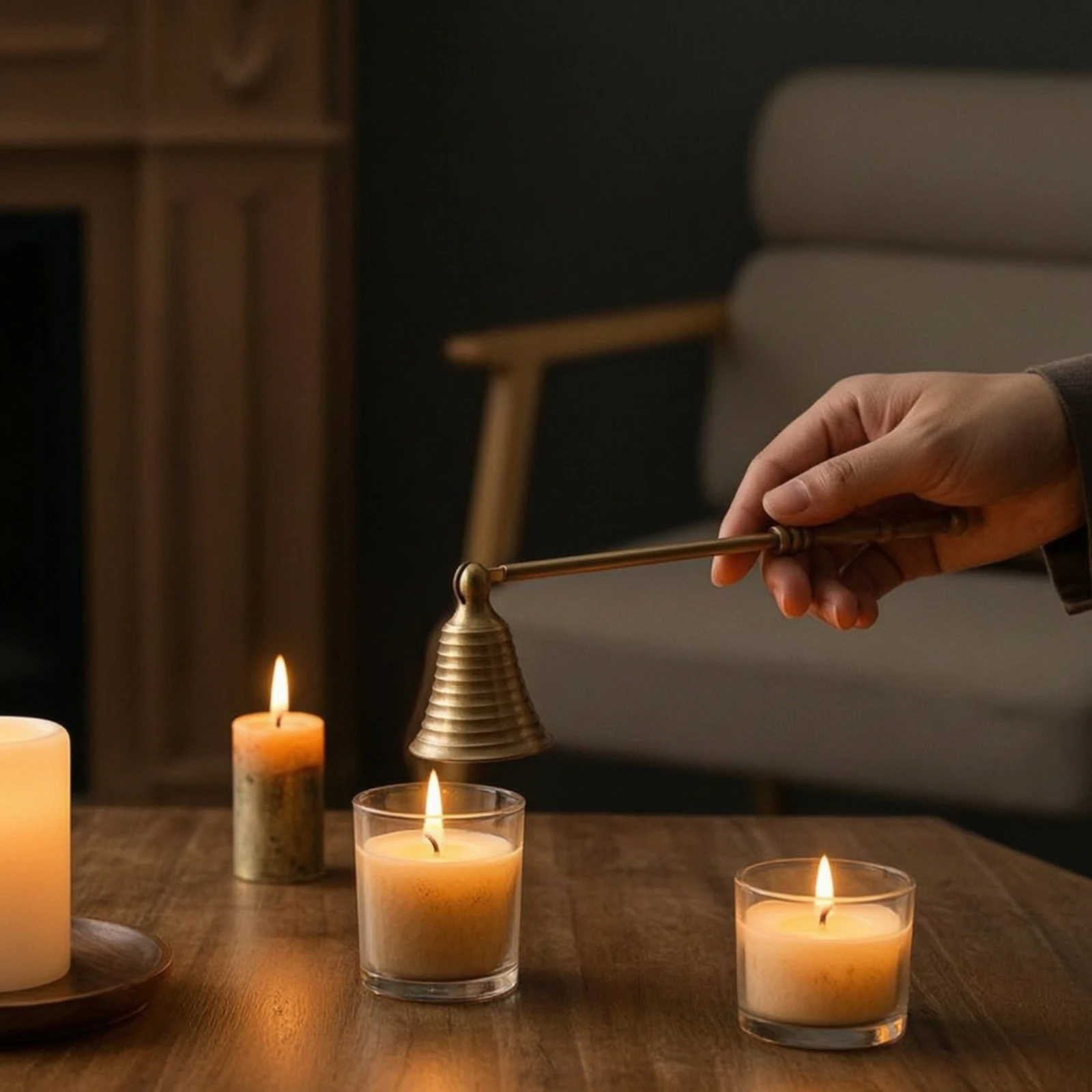 Candle Snuffer with Bell Head Brass Candle Snuffer with Long Handle Tool Decorative Non-Slip for Home Decorators, Dinner Table
