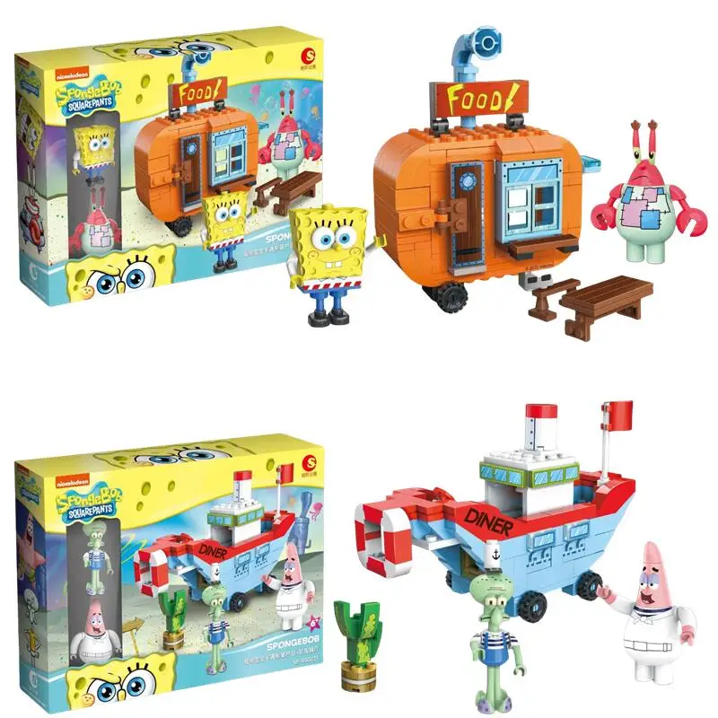 Original SpongeBob SquarePants Crab Burger Base Ship Restaurant Assemble Building Blocks Biqibao Adventure  Kids Gift Toys