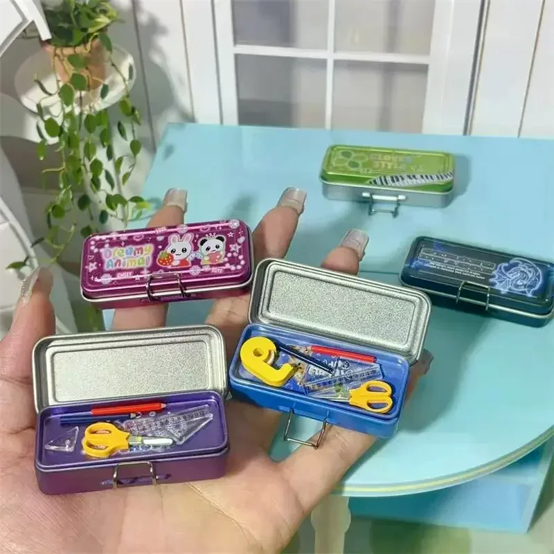 Dollhouse Miniature Double Layer Iron Pencil Box Pen Ruler Measuring Tape Scissors Model For Doll House Decor Pretend Play Toys
