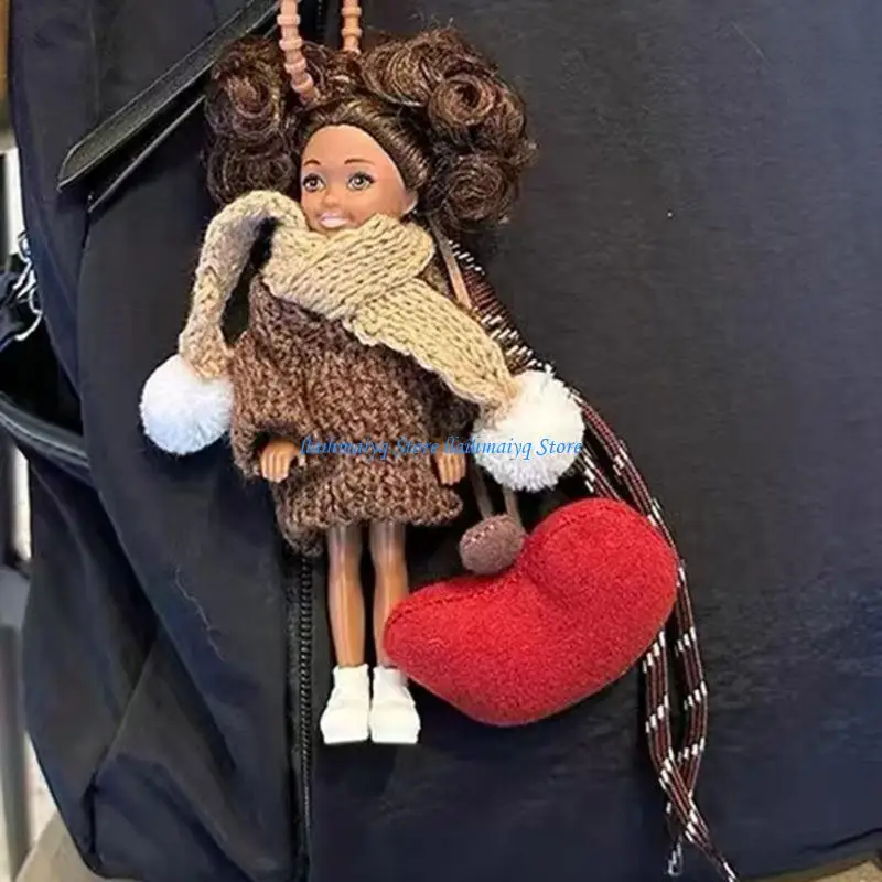 573B Black Curly Hair Doll Keychain Colorful Braided Rope and Heart Keyring Accessories Backpack Ornament for Women Girls
