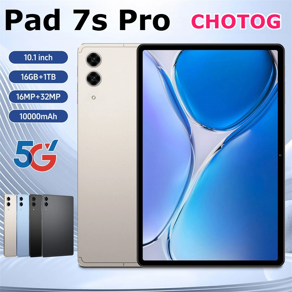CHOTOG NEW Pad 7s Pro Tablet Android 15 Tab PC 10,1 Zoll 16+32MP Kamera 10000mAh Gesichtserkennung 5G Dual-SIM Lange Akkulaufzeit WLAN GPS Tablets für Männer und Frauen