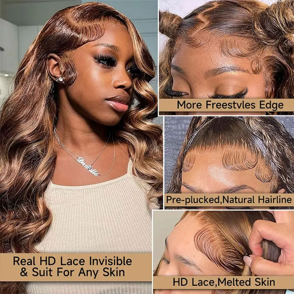 4/27 تسليط الضوء على الجسم موجة خصلات الشعر المستعار الإنسان 13X4 Hd الدانتيل الباروكة الأمامية البرازيلي الملونة 5x5 غلويليس شعر مستعار للنساء 200% الكثافة #3