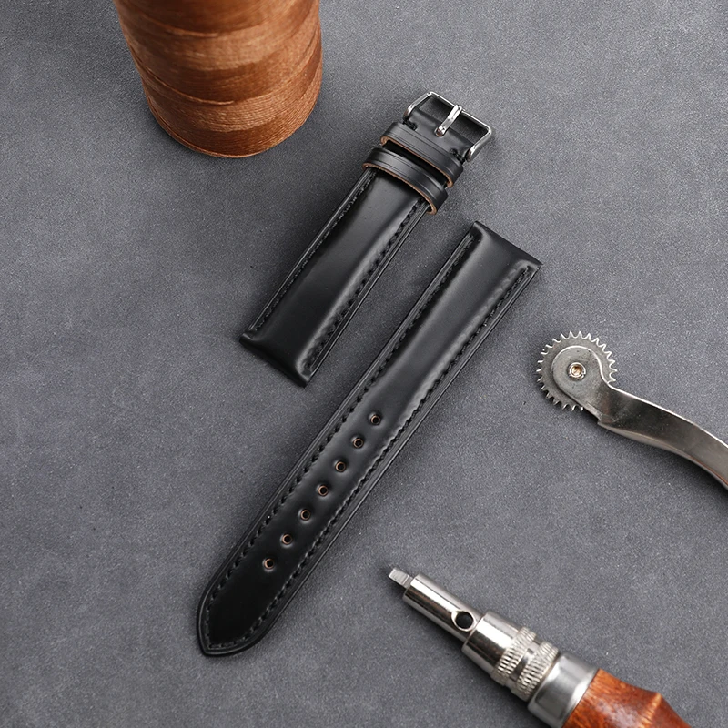 Handmade Japan Horse Leather Watchband18 19 20 22MM Black High-End Wear-Resistant Leather Bracelet Vintage Men\'s Watch Bracelet