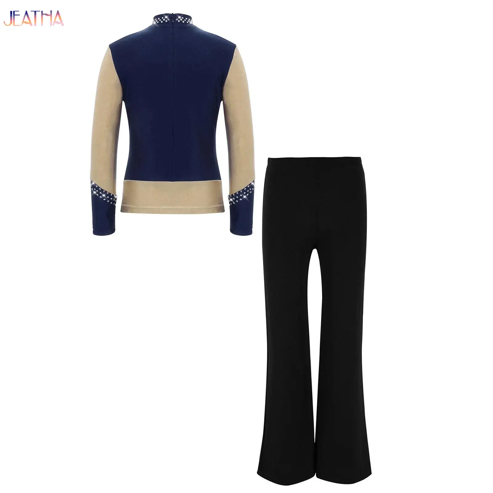 

Kids Boys Figure Ice Skating Sparkly Rhinestones Long Sleeve Contrast Color Top And Stretchy Boot Cut Pants Costumes Outfits