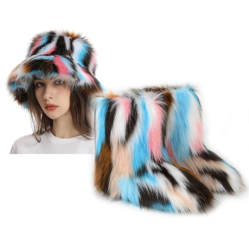 New Arrival Women Fluffy Plush Fur Snow Boots Match Furry Hat Winter Outdoor Windbreak Warm Ankle Boots Fisherman's Cap Set Hot